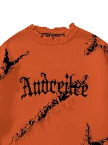 男士街头时尚字母刺绣做旧破洞百搭毛衣，适合秋冬季穿着