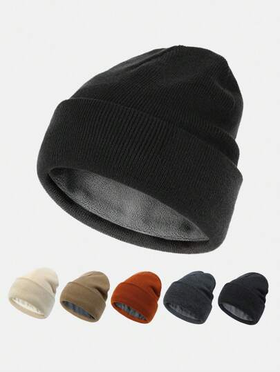 1pc Men Black Solid Thermal Lined Thick Knit Beanie Hat, Casual Pullover Cap Suitable For Daily Outdoor Use To Keep Warm In Extremely Cold Weather Fall Outfit