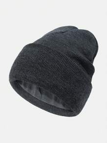 1pc Men Black Solid Thermal Lined Thick Knit Beanie Hat, Casual Pullover Cap Suitable For Daily Outdoor Use To Keep Warm In Extremely Cold Weather Fall Outfit