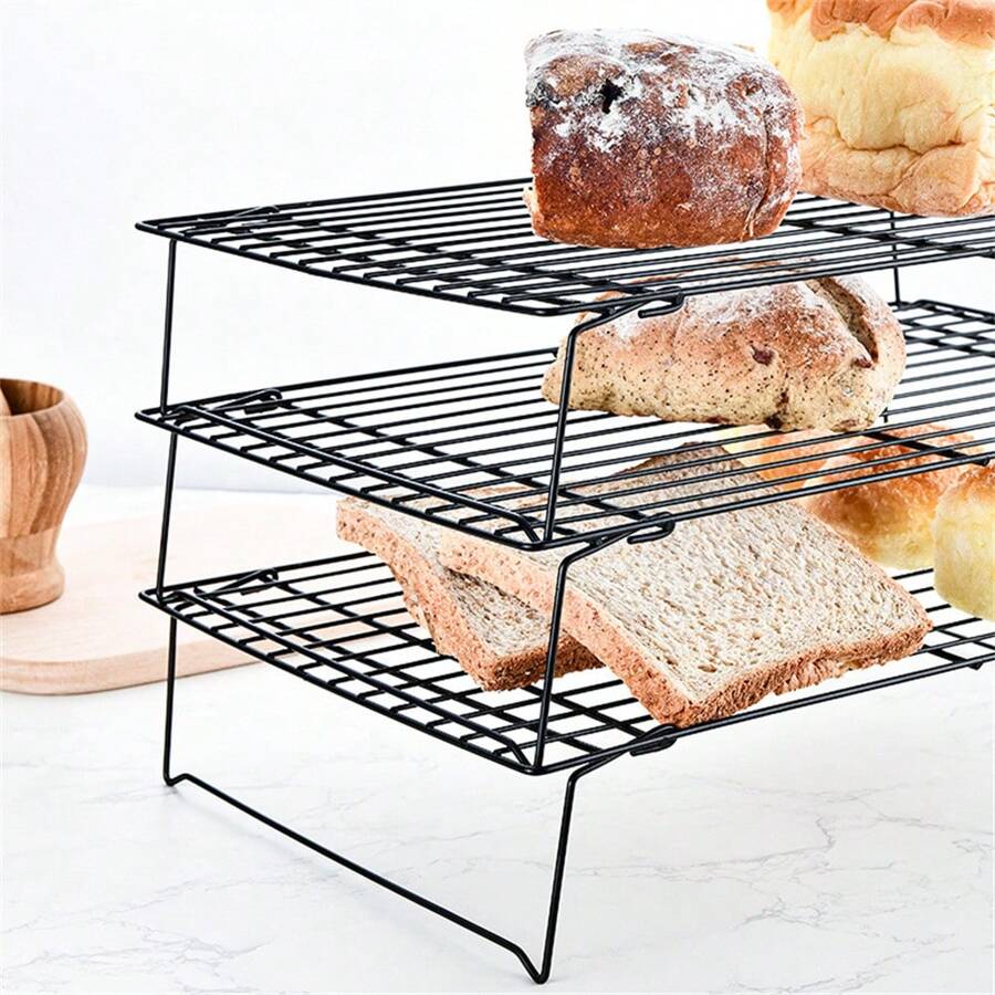 Bộ 3 giá nướng làm mát có thể xếp chồng lên nhau dày, dụng cụ nướng, đồ dùng nhà bếp, phụ kiện nhà bếp, dùng cho lễ Halloween, lễ Giáng sinh, dụng cụ làm bánh, phụ kiện BBQ ngoài trời - màu đen - Xem 1
