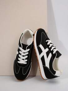 Fall/Winter Women's Modern Fashion Casual Patchwork Color Block Sports Shoes, College Style Vacation Girly Versatile Chunky Sneakers, Athleisure Trainers Black