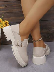 厚底英式黑色玛丽珍鞋，女式一脚蹬乐福鞋，2024 年新款 - 米色 - 查看 4