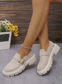 厚底英式黑色玛丽珍鞋，女式一脚蹬乐福鞋，2024 年新款 - 米色 - 查看 6