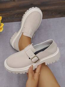 厚底英式黑色玛丽珍鞋，女式一脚蹬乐福鞋，2024 年新款 - 米色 - 查看 3