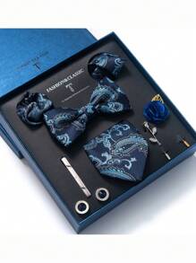 AlanKing 1set Orange Necktie, Pocket Square, Cufflinks, Boutonniere Suit For Men, Wedding Party Formal Gift Box Christmas