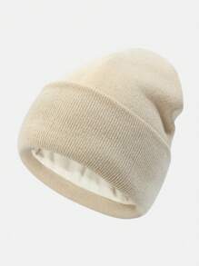 1pc Men Black Solid Thermal Lined Thick Knit Beanie Hat, Casual Pullover Cap Suitable For Daily Outdoor Use To Keep Warm In Extremely Cold Weather Fall Outfit