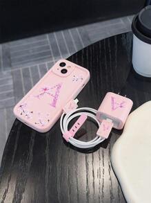 Conjunto 5 em 1 da Apple: capa para celular + capa protetora para cabo de dados com padrão de letras A-S, capa protetora para adaptador de carregamento rápido rosa compatível com iPhone 7/8/7p/8p/X/Xs/Xr/Xsmax/11/11pro/11promax/12/12pro/12promax/12MINI/13/13pro/13promax/13MINI/14/14pro/14plus/14promax/15/15pro/15plus/15promax - Multicolorido - Ver 4