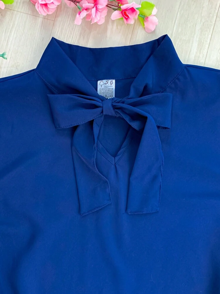 Women's Short Sleeve Evangelical Lace Blouse With Bow No. 9 - Màu xanh hải quân - Xem 4