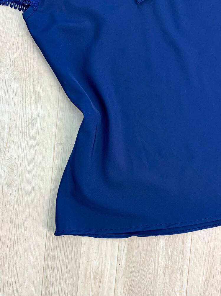 Women's Short Sleeve Evangelical Lace Blouse With Bow No. 9 - Màu xanh hải quân - Xem 2