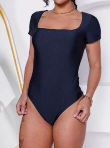 SQUARE NECKLINE SHORT SLEEVE BODYSUIT - màu đen - Xem 6