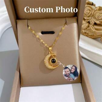 1 Piece Customized Photo Projection Necklace Sun Moon Pendant Stainless Steel Chain Colorful Projection Picture Necklace Gift For Her
