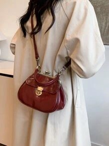 女士复古扣式手提包，优雅单肩包，时尚翻盖开合，复古风格女士包 - 酒紅色 - 查看 3