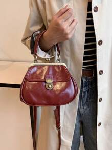 女士复古扣式手提包，优雅单肩包，时尚翻盖开合，复古风格女士包 - 酒紅色 - 查看 2