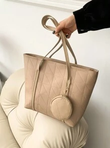 2 件装母女手提包套装带零钱包，时尚大容量绗缝格子手提单肩包女士 - 卡其色 - 查看 4