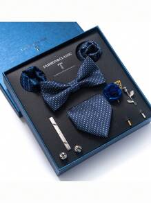 AlanKing 1set Orange Necktie, Pocket Square, Cufflinks, Boutonniere Suit For Men, Wedding Party Formal Gift Box Christmas