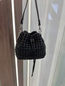 Túi đeo vai du lịch nữ dung tích lớn, chất liệu da PU giả, dệt tay, họa tiết kẻ caro, màu trơn, thích hợp cho hoạt động ngoài trời và du lịch dành cho bé gái và phụ nữ - màu đen - Xem 3