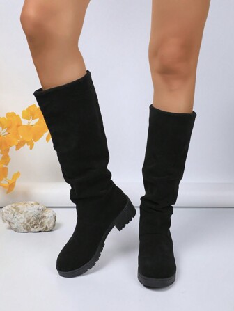 Fashion Mid-Calf Boots For Women, Ladies Solid Color Chunky Heel Tall Boots, Slip-On Design Boots, Stylish Solid Colored Boots