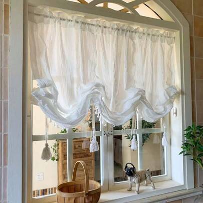 1pc French Cream Sheer Rod Pocket Curtain Panel For Sliding Rail, Balcony, Transparent But Not See-Through, Suitable For All Seasons