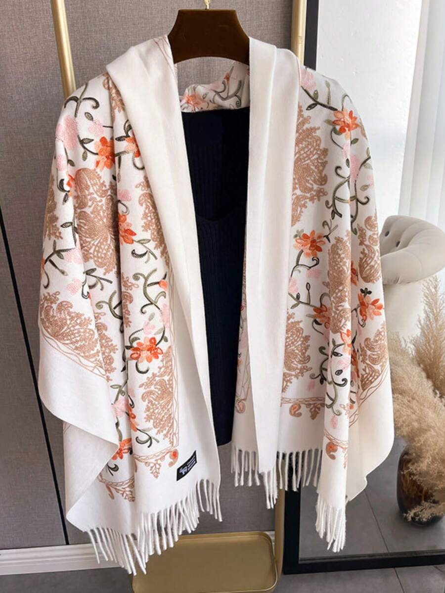 Boho 1 件女士厚人造羊绒刺绣流苏围巾，适合秋冬装，波西米亚风格旅行斗篷 - 白色 - 查看 1