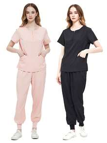 Uniformes de Enfermera Señoras Color Sólido Bolsillo de Manga Corta Conjunto de Uniforme de Enfermera - Rosa - Ver 5