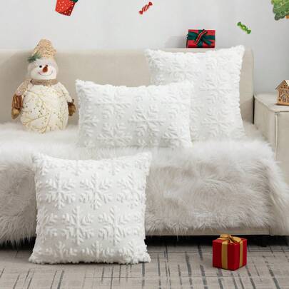 1pc Christmas Snowflake Pattern Plush Quilted Throw Pillow Cover, Suitable For Living Room, Bedroom, Sofa Decoration, All-Season Use