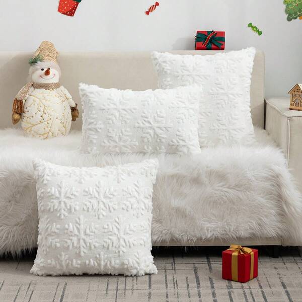 1pc Christmas Snowflake Pattern Plush Quilted Throw Pillow Cover, Suitable For Living Room, Bedroom, Sofa Decoration, All-Season Use