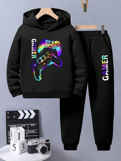 Tween Boys Cartoon Print Hoodie And Sweatpants Warm Set