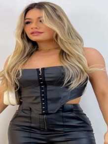 Strapless Leather Corset With Front Closure, Women's Fashion Top - 黑色 - 查看 2