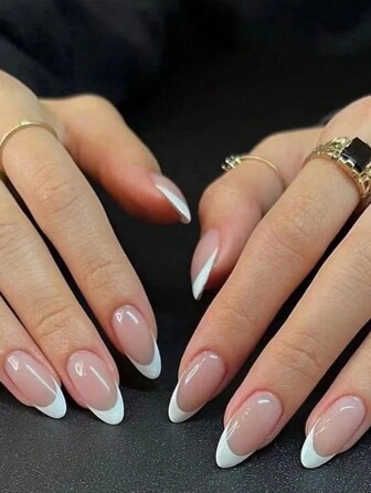 24pcs White French Edge Design Classic Solid Color Daily Minimalist Almond Nails, 1pc Jelly Glue, 1pc Nail File Glue Sticker Kit Nails For Girl Mother Women Gift And Nails Supplies &Wholesale ,Whitening Nail Art Set With Detachable Fake Nails For Festival, Party, Date And Daily Wear Press On Nails