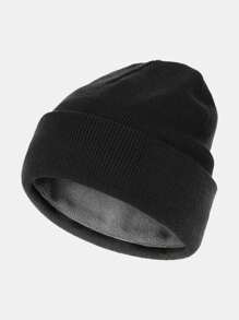 1pc Men Black Solid Thermal Lined Thick Knit Beanie Hat, Casual Pullover Cap Suitable For Daily Outdoor Use To Keep Warm In Extremely Cold Weather Fall Outfit