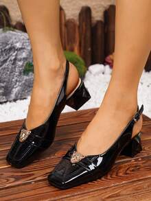 Giày sandal da bóng mũi kín cổ điển kiểu Pháp có khóa cài đầu bằng vàng bán chạy nhất, giày cao gót đế thô mùa xuân hè màu đen kết hợp tốt với váy, giày cao gót mũi kín thiết kế Hàn Quốc dành cho nữ - màu đen - Xem 6