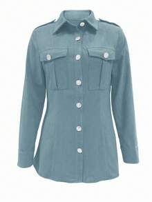 Women's Solid Color Corduroy Turnover Pocket Shirt,Long Sleeve Tops Casual Spring - Dusty Blue - View 4