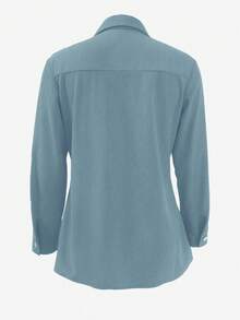 Women's Solid Color Corduroy Turnover Pocket Shirt,Long Sleeve Tops Casual Spring - Dusty Blue - View 3