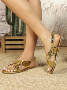 French Style Flat Sandals, Round Toe, Vintage Metallic Gold Color, Comfortable Open Toe Buckle Design Casual Sandals