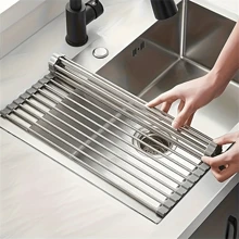 1pc Stainless Steel Roll-Up Dish Drying Rack, Multifunctional Drainer Rack, Foldable Kitchen Sink Organizer, Portable Metal Rolling Rack