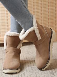 Women's Winter Thick Sole Flat Strap Khaki Outdoor Snow Boots - Khaki - View 2