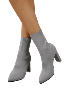 Botas cortas de tacón grueso a la moda, botas de tobillo de punto elástico para otoño/invierno, tacones altos de punta, botas de tacón grueso gris, adecuadas para uso diario, actuaciones, festivales, disfraces de Halloween