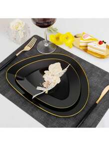 60 chiếc đĩa nhựa đen và vàng, đĩa nhựa đen, đĩa vàng tam giác, đĩa đen dùng một lần cho tiệc, bao gồm 30 đĩa ăn tối và 30 đĩa tráng miệng cho tiệc và cưới hỏi, lễ hội, tiệc tùng - màu đen - Xem 6