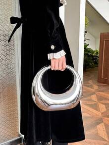 1 chiếc túi Acrylic mới, ví cầm tay lớn màu kim loại, túi xách mạ vàng sáng bóng cho tiệc, đám cưới, phụ kiện phù hợp, ví vàng Avant-Garde, túi tròn hình lưỡi liềm lớn, quà tặng cho phụ nữ - Bạc - Xem 10