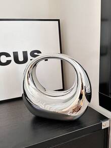 1 chiếc túi Acrylic mới, ví cầm tay lớn màu kim loại, túi xách mạ vàng sáng bóng cho tiệc, đám cưới, phụ kiện phù hợp, ví vàng Avant-Garde, túi tròn hình lưỡi liềm lớn, quà tặng cho phụ nữ - Bạc - Xem 4