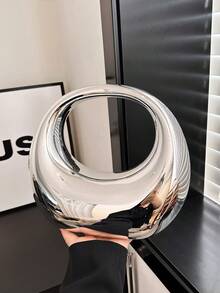 1 chiếc túi Acrylic mới, ví cầm tay lớn màu kim loại, túi xách mạ vàng sáng bóng cho tiệc, đám cưới, phụ kiện phù hợp, ví vàng Avant-Garde, túi tròn hình lưỡi liềm lớn, quà tặng cho phụ nữ - Bạc - Xem 3