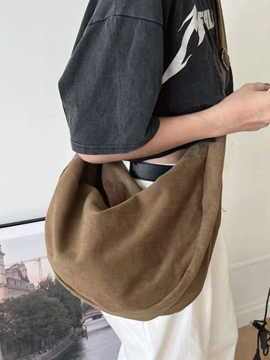 2024年新款时尚复古港风大容量单肩手提包休闲斜跨帆布包适合校园用可斜挎 - 棕色 - 查看 1