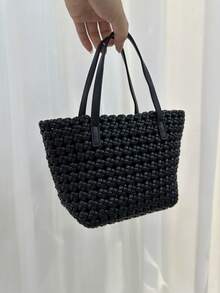 Women Handbags Lightweight Pu Leather Casual Travel Vacation Ladies Top Handle Cross Body Shoulder Bucket Bag Small Tote Woven Bag Suitable For All Seasons,Black - Black - View 3