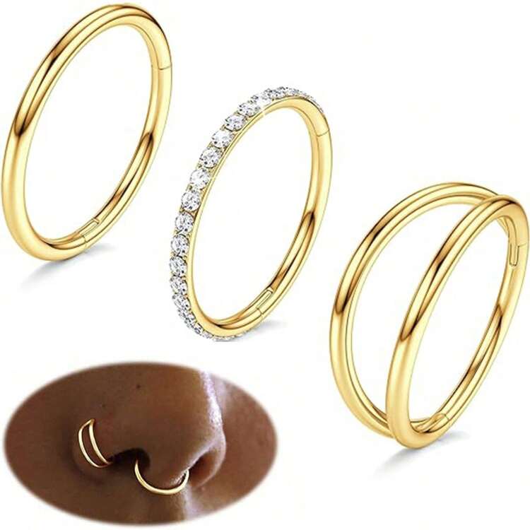 3 piezas de anillos de nariz de acero inoxidable 316L de doble aro de 16G/18G/20G con bisagra y circonita, joyería para perforación de cartílago de la oreja, anillos de septum nasal, anillos de labio, anillos de cartílago de la oreja, anillos de hélix de la oreja, anillos de trago de la oreja, pendientes de 7mm/8mm/10mm - oro - Añade 6
