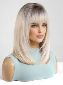 14-Inch Brown Gradient Gold With Layered Bangs Mid-Length Straight Hair Synthetic Woven Synthetic Fiber Wig Women's Wig For Holiday Travel Home Party Cosplay Everyday Use - 漸變金色 - 查看 4