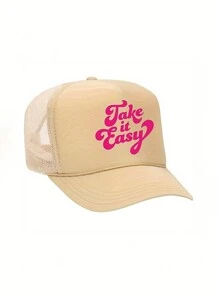 1pc "Take It Easy" Printed Drawstring Baseball Mesh Cap, Adjustable Outdoor Sun Hat For All Seasons Suitable For Travel, Beach, Y2K Style For Young Adults - Print - View 3