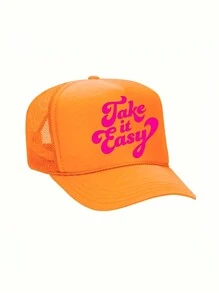 1pc "Take It Easy" Printed Drawstring Baseball Mesh Cap, Adjustable Outdoor Sun Hat For All Seasons Suitable For Travel, Beach, Y2K Style For Young Adults - Print - View 4