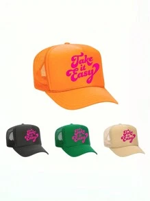 1pc "Take It Easy" Printed Drawstring Baseball Mesh Cap, Adjustable Outdoor Sun Hat For All Seasons Suitable For Travel, Beach, Y2K Style For Young Adults - Print - View 1