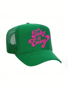 1pc "Take It Easy" Printed Drawstring Baseball Mesh Cap, Adjustable Outdoor Sun Hat For All Seasons Suitable For Travel, Beach, Y2K Style For Young Adults - Print - View 6