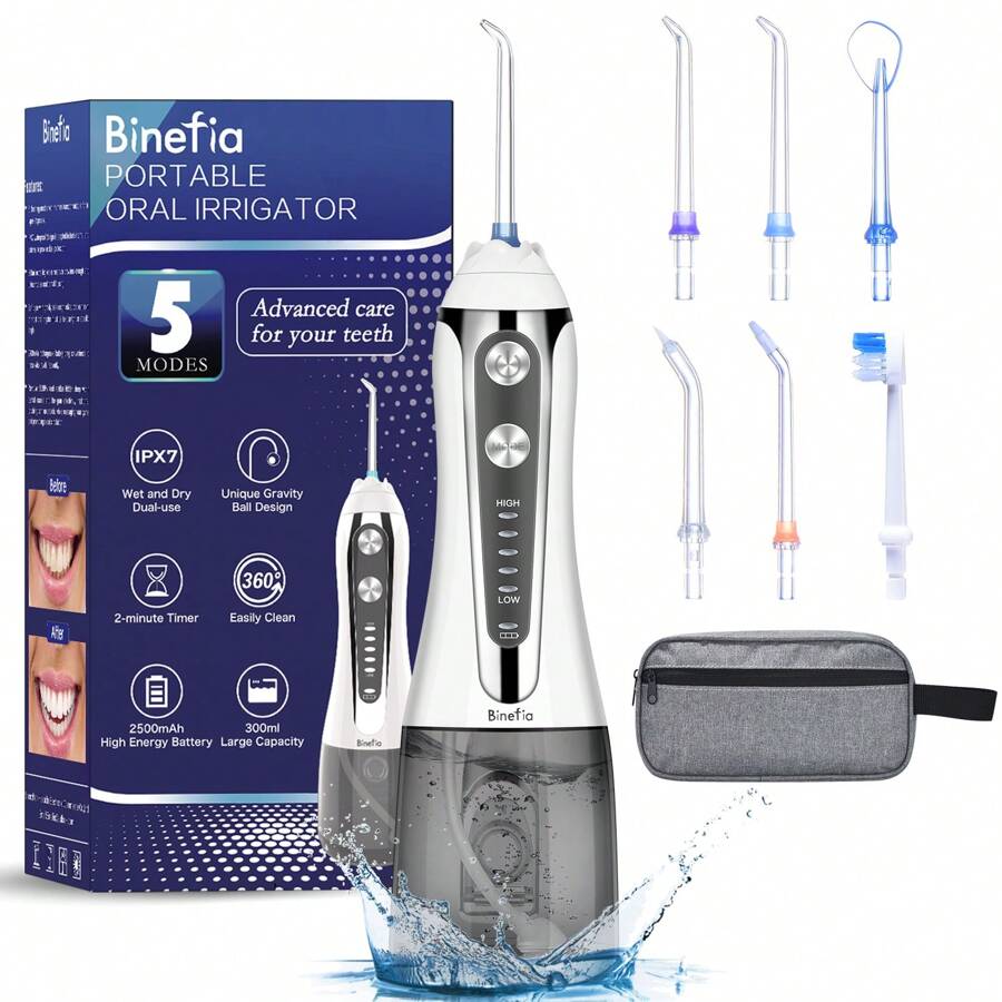 Water Flosser For Teeth Cordless With 5 Modes, Binefia 360° Rotation Oral Irrigator, IPX7 Waterproof, 300ML & 6 Jet Tips Water Jet Teeth Cleaner, USB Rechargeable For 35-Days Use At Home/Travel - White - View 1